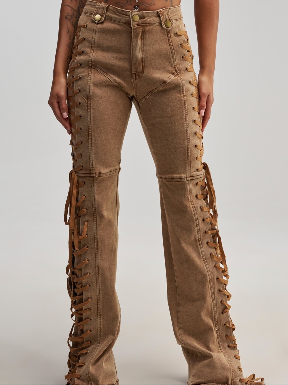 Fashion Nova Brown Lace-Up Side Flare Jeans